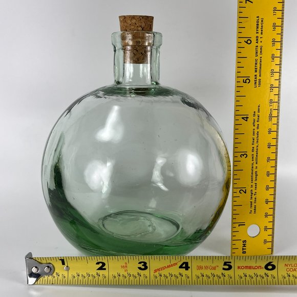 Hand Blown Round Glass Bottle Jug Decanter Green Hue Decorative Vtg Retro Look - Picture 8 of 8